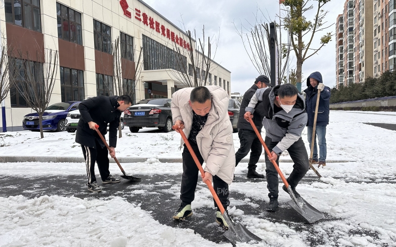 公安县烟草局城区市场部员工前往三袁社区开展铲雪除冰行动。