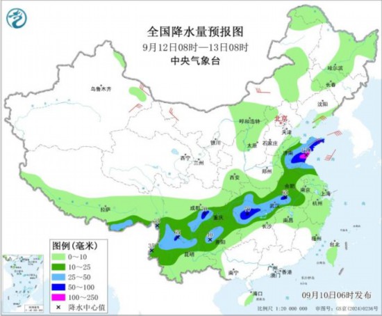 图3 全国降水量预报图(9月12日08时-13日08时)。图片来源：中央气象台网站